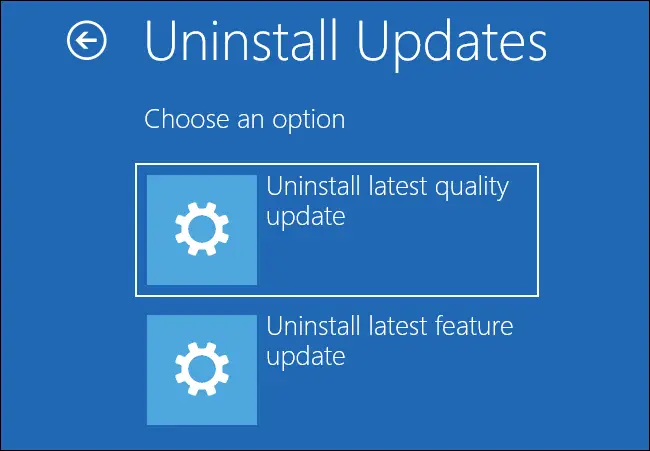 Desinstalar actualizaciones del menú de opciones de inicio avanzadas de Windows 10.