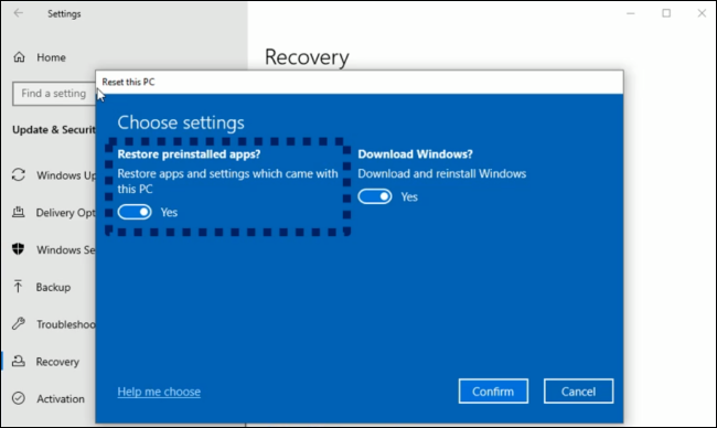 Eliminación de bloatware preinstalado del fabricante al restablecer una PC en Windows 10.