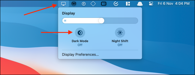 Habilite el modo oscuro desde el icono de pantalla en la barra de menú