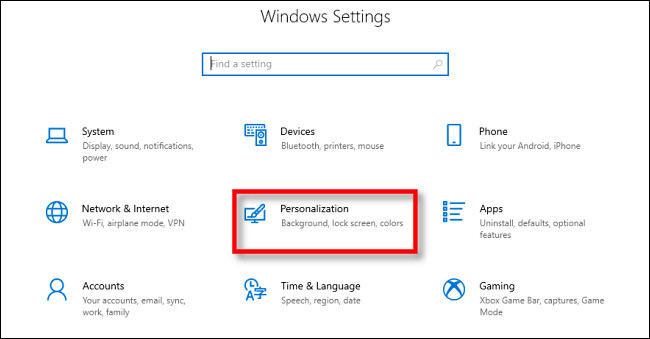 En la configuración de Windows 10, haga clic en "Personalización".