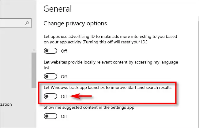 En la configuración de Windows, haga clic en el interruptor junto a "Permitir que Windows rastree los lanzamientos de aplicaciones para mejorar el Inicio y los resultados de búsqueda" para desactivarlo.