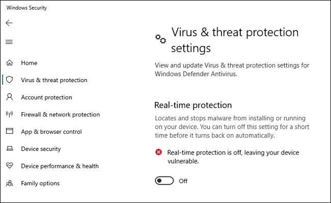 Opción de protección en tiempo real del antivirus de Windows 10 Defender desactivada