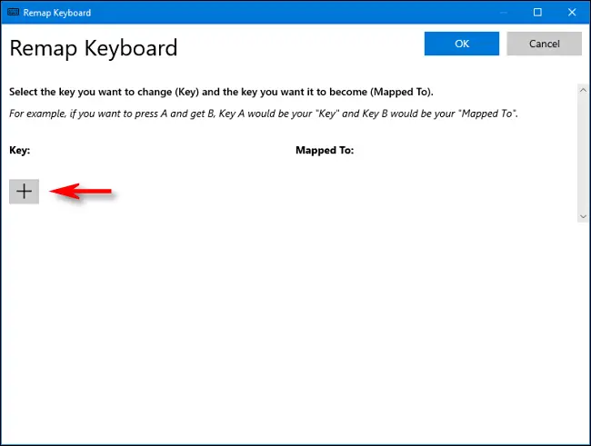 Haga clic en el signo más (+) en el menú "Reasignar teclado" para agregar un acceso directo.