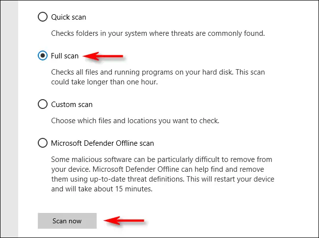 Haga clic en Análisis completo en Microsoft Defender en Windows 10