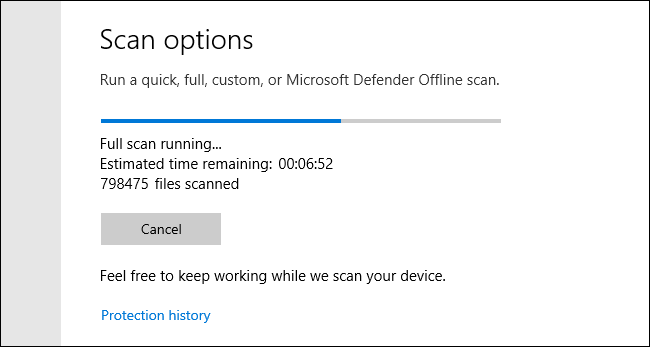 Análisis completo de Microsoft Defender en curso en Windows 10