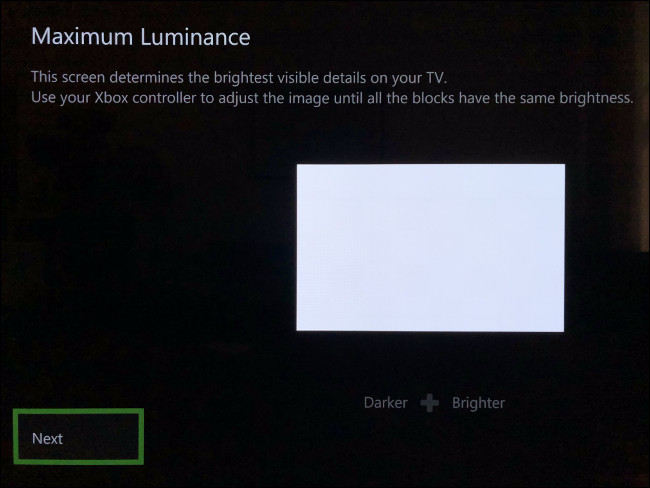 La sección "Luminancia máxima" de la calibración de HDR para juegos en Xbox Series X y S.