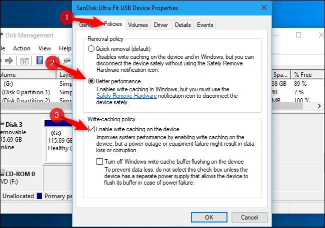 Habilitación del almacenamiento en caché de escritura para almacenamiento externo en Windows 10