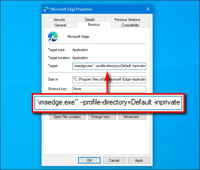 Agregue InPrivate a la ruta en el acceso directo a Microsoft Edge en Windows 10