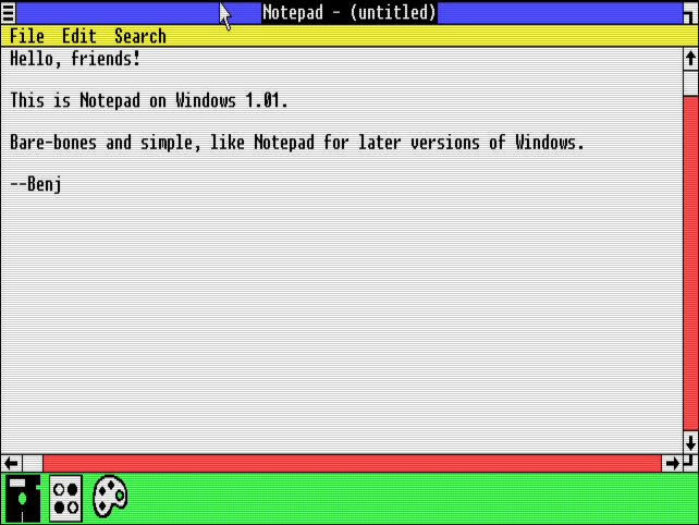 Un mensaje escrito en "Bloc de notas" en Windows 1.0.