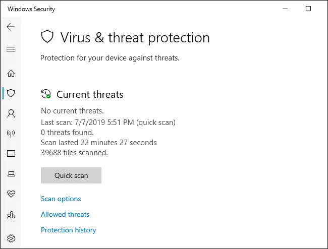 Menú de análisis antivirus de Windows Defender.