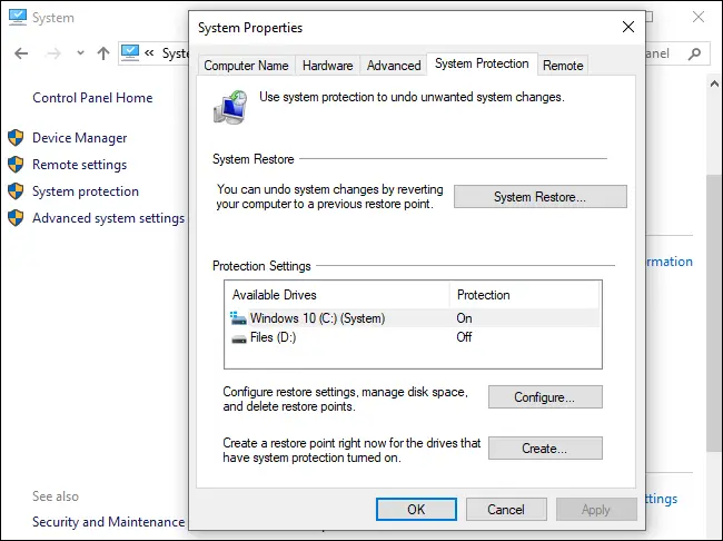 Opciones de restauración del sistema en Windows 10.