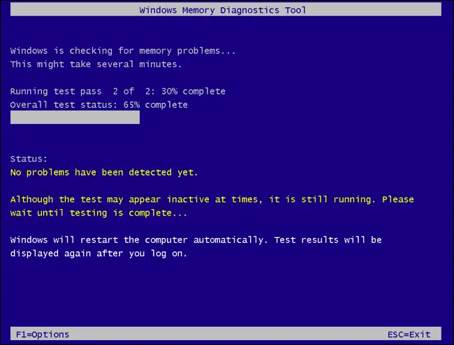 Herramienta de diagnóstico de memoria de Windows escaneando RAM