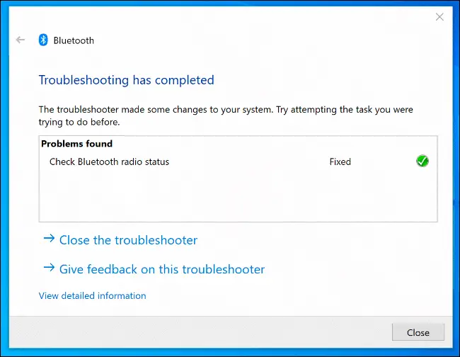 La herramienta de resolución de problemas de Windows, con problemas de Bluetooth identificados detectados y solucionados.