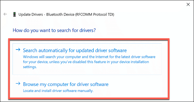 La sección "¿Cómo desea buscar controladores?"  opciones en Windows 10.