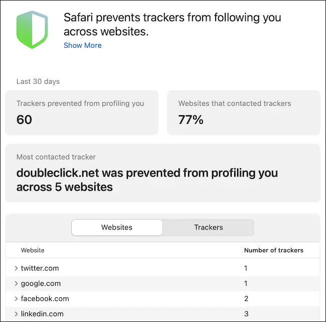 Informe de privacidad de Safari con rastreadores