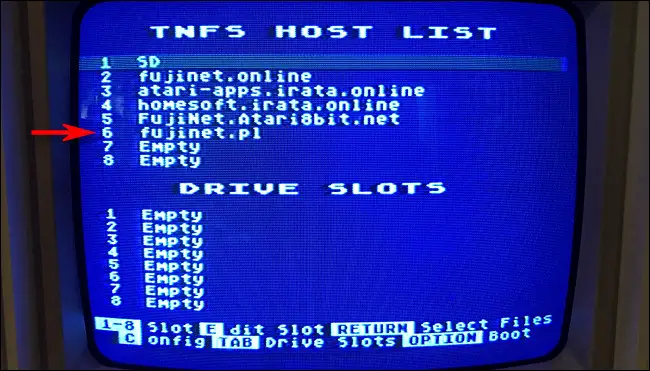 Seleccione "fujinet.pl" de la "Lista de hosts TNFS".
