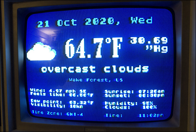La pantalla de estado Weather.xex en un Atari 800XL.