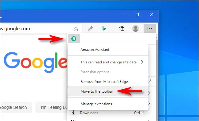 En Edge, haga clic con el botón derecho en el icono de la extensión y seleccione "Mover a la barra de herramientas".