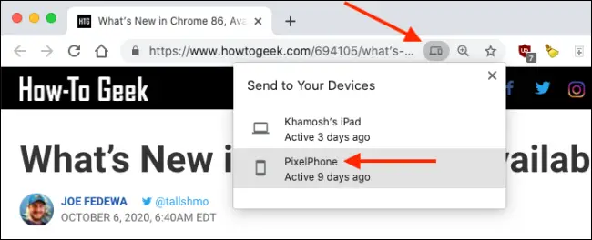 Transferir pestaña a iPhone o iPad desde la barra de URL de Chrome en Mac