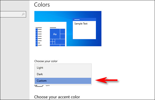 En la configuración de Windows, en "Elija su color", seleccione "Personalizado".
