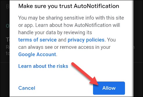 Toque "Permitir" en la ventana emergente "Asegúrese de confiar en la notificación automática".