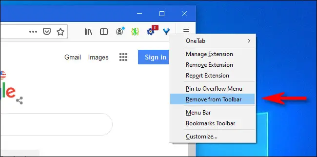 En Firefox, haga clic con el botón derecho en el icono de la barra de herramientas y seleccione "Eliminar de la barra de herramientas".
