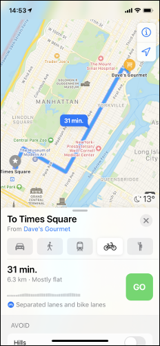 Direcciones de ciclismo de Apple Maps