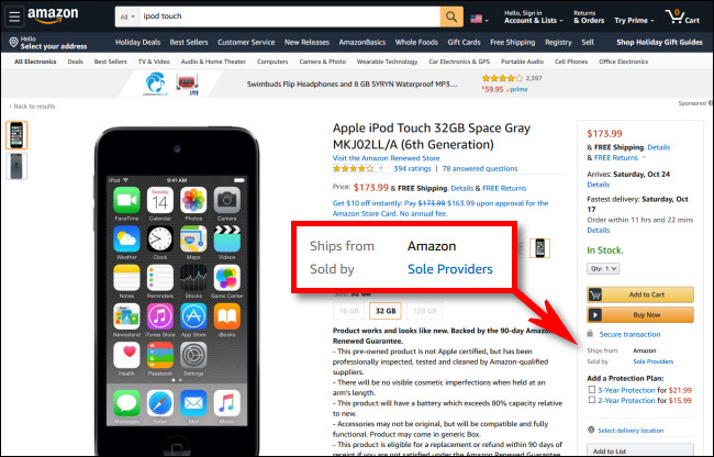 Una lista en Amazon para un iPod que "se envía desde Amazon", pero que "se vende por proveedores exclusivos".