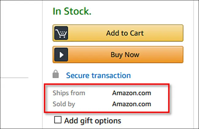 Una lista de un producto que "Se envía desde Amazon.com" y es "Vendido por Amazon.com".