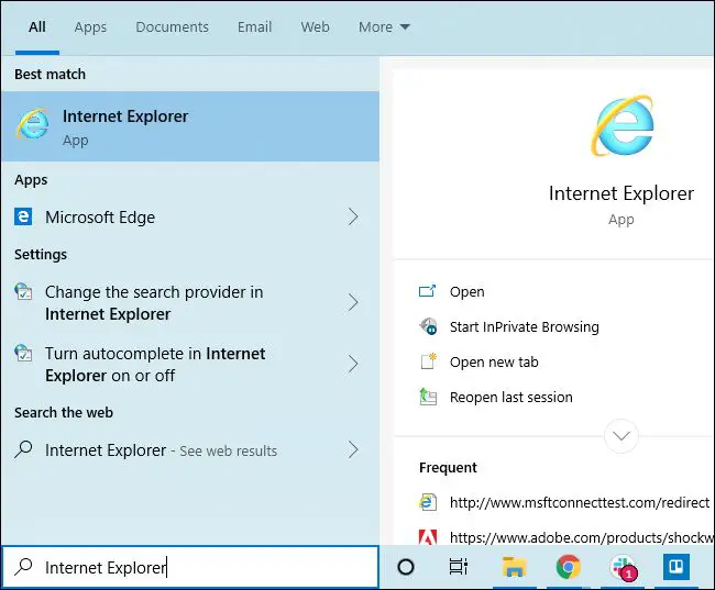 Iniciar Internet Explorer desde el menú Inicio de Windows 10.