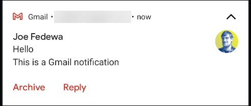 Las opciones predeterminadas en una notificación de Gmail. 