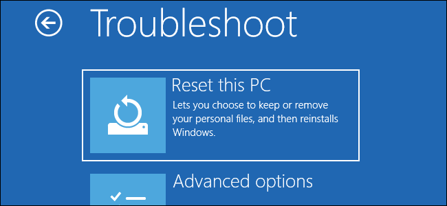 La opción Restablecer esta PC en el menú de solución de problemas de inicio de Windows 10.