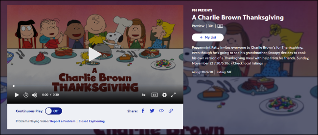"A Charlie Brown Thanksgiving" en el sitio web de PBS.