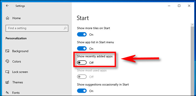 En la configuración de Windows 10, haga clic en el interruptor "Mostrar aplicaciones agregadas recientemente" para apagarlo.