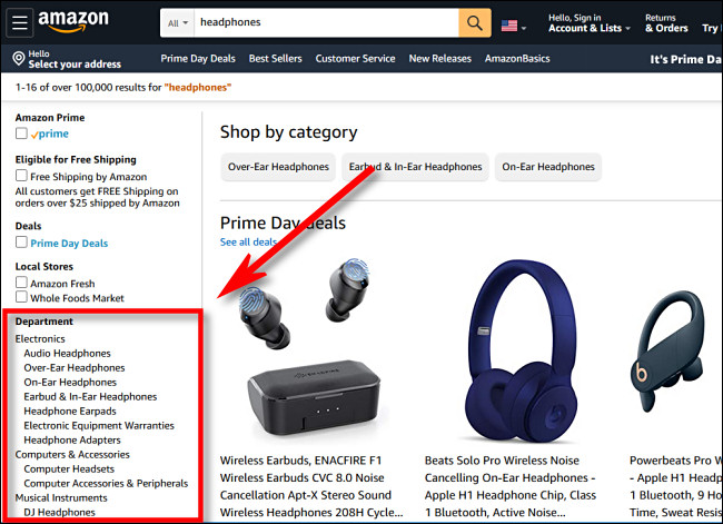En la barra lateral de Amazon.com, elija un departamento