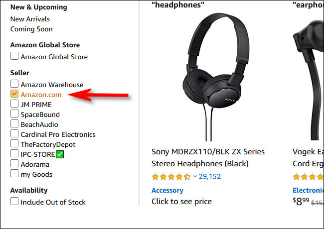 Coloque una marca de verificación junto a "Amazon.com" en la sección del vendedor de la barra lateral.