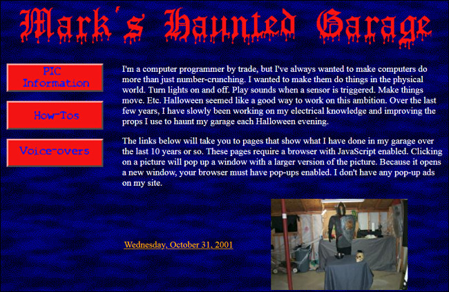 "El garaje encantado de Mark" Sitio web de GeoCities con una imagen de su evento de 2001 ..