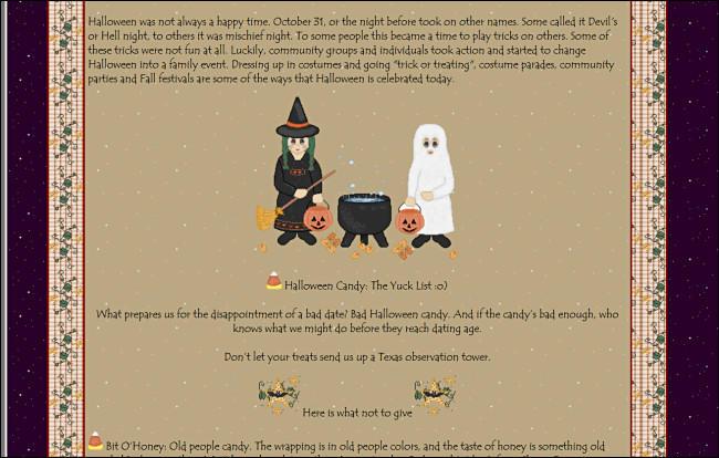 "Halloween: Una breve historia" en un sitio de GeoCities, con un gráfico de personas que hacen truco o trato junto a un caldero.