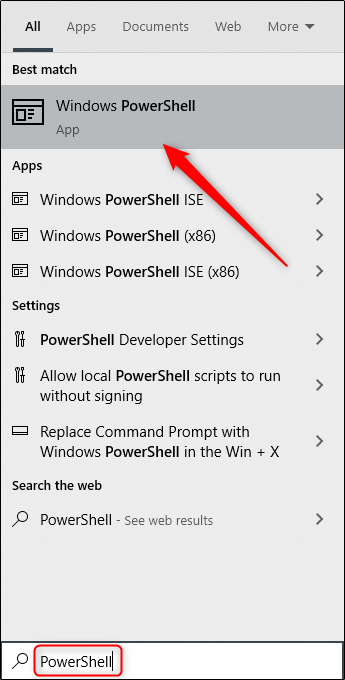 Escriba "PowerShell" en el cuadro de búsqueda de Windows y luego seleccione "Windows PowerShell" en los resultados.