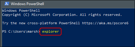 Escriba "explorador" en "Windows PowerShell".