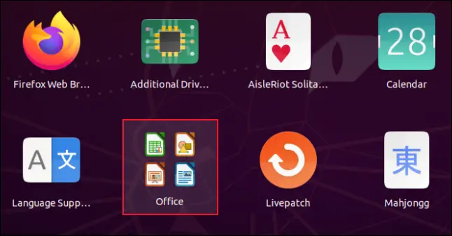 Una cuadrícula de aplicaciones con cuatro iconos de Libre Office en un grupo.