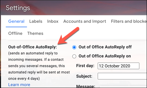 El área de configuración de Respuesta automática de Gmail, etiquetada como "Respuesta automática fuera de la oficina" en una cuenta de Gmail del Reino Unido