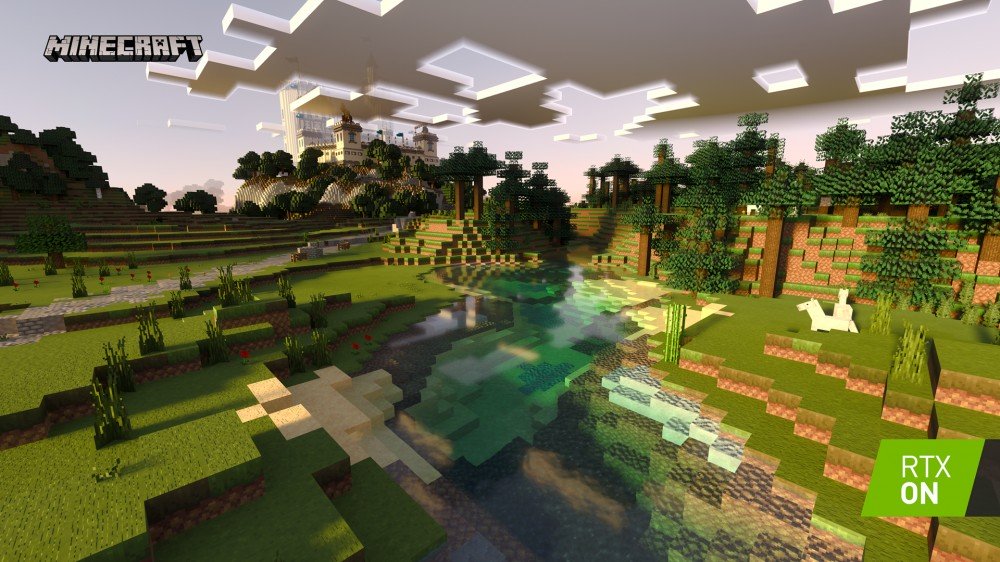 Un río en Minecraft con reflejos realistas.