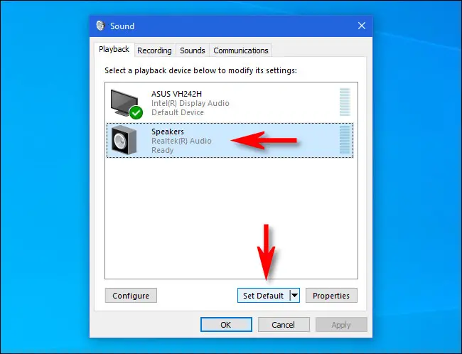 En Windows 10, haga clic en los altavoces de la lista y haga clic en el botón "Establecer como predeterminado".
