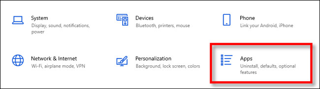En la configuración de Windows, seleccione "Aplicaciones".