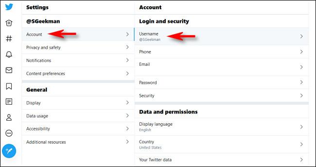 En Twitter en la web, haga clic en "Cuentas" y luego en "Nombre de usuario".