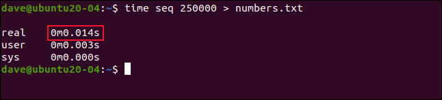 time seq 250000> numbers.txt en una ventana de terminal.» width=»646″ height=»147″ onload=»pagespeed.lazyLoadImages.loadIfVisibleAndMaybeBeacon(this);» onerror=»this.onerror=null;pagespeed.lazyLoadImages.loadIfVisibleAndMaybeBeacon(this);»></p>
<p>El tiempo que lleva completar la lista y crear el archivo es ahora de aproximadamente 1/7 de segundo.</p>
<h2 role=