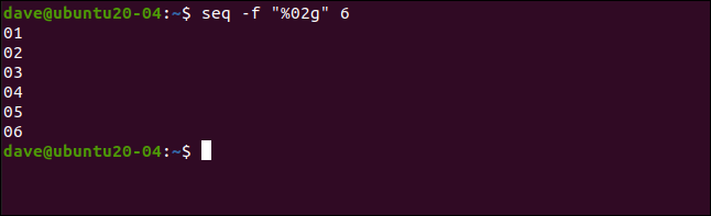 seq -f "% 02g" 6 en una ventana de terminal.