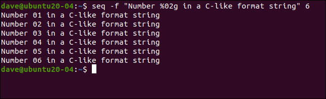 seq -f "Número% 02g en una cadena de formato similar a C" 6 en una ventana de terminal.