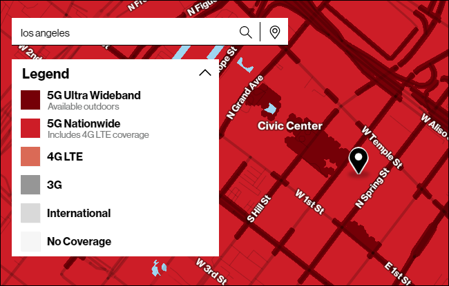 Mapa de cobertura 5G de Verizon en Los Ángeles